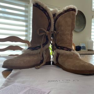 Jimmy Choo Vintage TAN SUEDE NATURAL RABBIT FUR 136Weekend Boot
